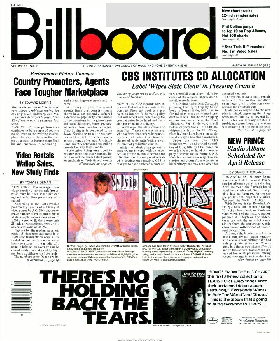 Titelseite der US-Musikfachzeitschrift Billboard vom Samstag, 16. März 1985 (Vol. 97, Nr. 11). Im Heft steht auf S. 66 die Kurzkritik zum ECM-Album von Werner Pirchner, Harry Pepl und Jack DeJohnette, eingestuft als „Recommended“. Der Adressaufkleber des Abonnements ist abgedeckt.