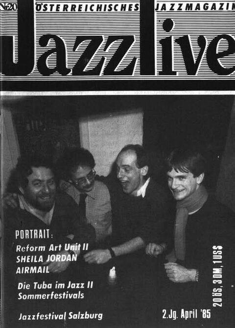 Titelseite von Jazzlive Nr. 20 (österreichisches Jazzmagazin), April 1985, mit einem Porträt der Band: Harry Pepl (links), Wolfgang Puschnig, Mike Richmond und Wolfgang Reisinger. Reisinger, „der Reisl“, war oft zum Musizieren bei Pepl in Hernstein zu Gast.
