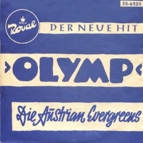 Blau-weiße Hülle von Rex Roval 35-6105 mit der Aufschrift „Der neue Hit Olymp“ und „Die Austrian Evergreens“, Exemplar aus dem Nachlass.