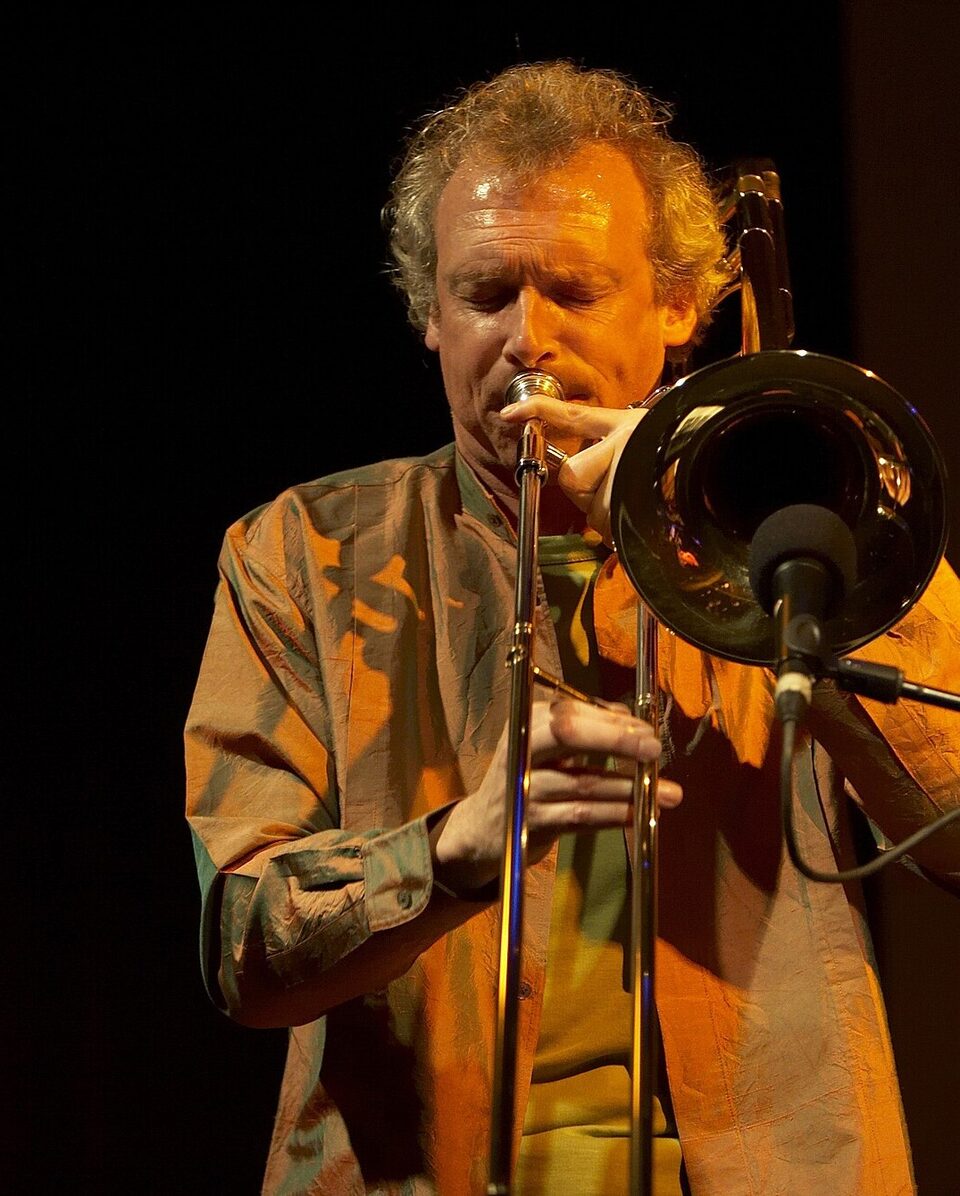 Christian Muthspiel with his trombone at a concert, 2006.